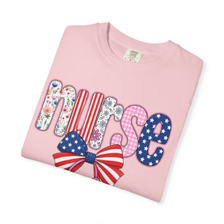 Coquette Nurse Shirt USA Flag Bow Stethoscope Tee Girly Nursing Shirt Nurse Appreciation Gift ICU Pediatric Urgent Care Tee