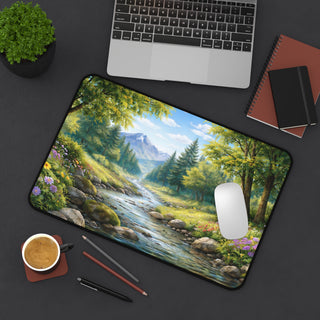 Forest Stream Desk Mat – Nature Mouse Pad with Flowers & Mountains for Nature Lovers