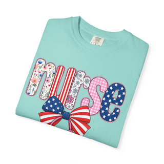 Coquette Nurse Shirt USA Flag Bow Stethoscope Tee Girly Nursing Shirt Nurse Appreciation Gift ICU Pediatric Urgent Care Tee
