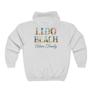 Vintage Beach Hoodie – Retro Lido Beach Zipup with Coastal Palm Tree Design