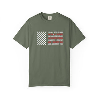 Heavyweight Cotton Tee Canada Flag Design Garment Dyed Shirt Maple Leaf Print Comfortable Unisex Fit Style Soft Ringspun Fabric Relaxed Casual Wear Perfect Travel Souvenir Gift Canadian Pride Clothing Everyday Wear Essential Patriotic
