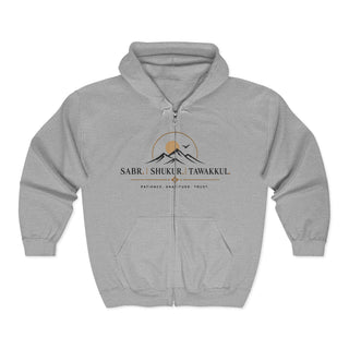 Muslim Clothing Collection Islamic Hoodie Design Full Zip Comfort Sabr Shukur Tawakkul Message Mountain Sunrise Graphic Spiritual Faith Expression Lightweight Cotton Blend Daily Wear Essential Modest Fashion Choice Contemporary Style Gift