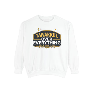 Embroidered Islamic Crewneck Tawakkul Faith Message Crescent Moon Design Muslim Streetwear Essential Garment Dyed Sweatshirt Relaxed Fit Style Contemporary Islamic Clothing Modest Fashion Statement Daily Comfort Wear Mosque Outfit Essential