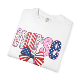 Coquette Nurse Shirt USA Flag Bow Stethoscope Tee Girly Nursing Shirt Nurse Appreciation Gift ICU Pediatric Urgent Care Tee