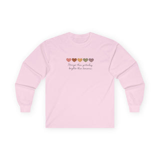 Stronger Than Yesterday Long Sleeve Shirt, Cute Heart Graphic Tee, Aesthetic Minimalist Top