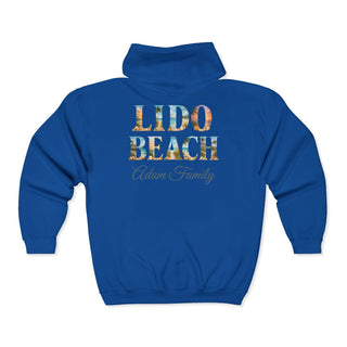 Vintage Beach Hoodie – Retro Lido Beach Zipup with Coastal Palm Tree Design