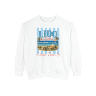 Vintage Beach Sweatshirt Coastal Crewneck Palm Tree Graphic Garment Dyed Relaxed Fit Beach Vacation Essential Morning Walk Apparel Evening Bonfire Layer Soft Medium Weight Fabric Retro Striped Print Travel Lettering Coastal Living Style