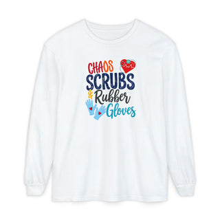 Chaos Scrubs & Rubber Gloves Long Sleeve Shirt Funny Nurse Gift RN LPN Healthcare Worker Tee Nurse Appreciation Medical Professional Gift