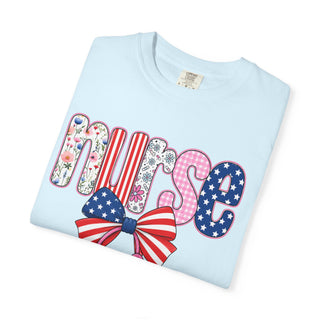Coquette Nurse Shirt USA Flag Bow Stethoscope Tee Girly Nursing Shirt Nurse Appreciation Gift ICU Pediatric Urgent Care Tee