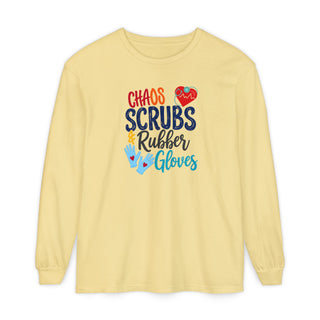 Chaos Scrubs & Rubber Gloves Long Sleeve Shirt Funny Nurse Gift RN LPN Healthcare Worker Tee Nurse Appreciation Medical Professional Gift
