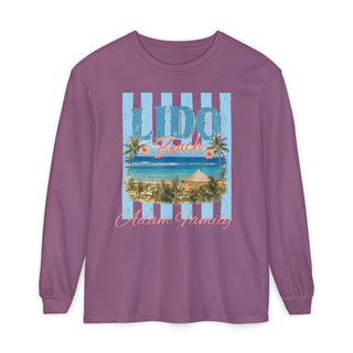 Palm Tree Design Shirt Vintage Beach Aesthetic Long Sleeve Coastal Wear Garment Dyed Cotton Fabric Retro Surf Style Relaxed Fit Casual Fashion Beach Lifestyle Essential Ribbed Cuff Details Medium Weight Construction Shoreline Inspired Gift