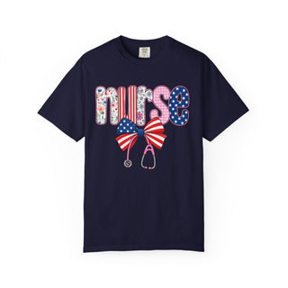 Coquette Nurse Shirt USA Flag Bow Stethoscope Tee Girly Nursing Shirt Nurse Appreciation Gift ICU Pediatric Urgent Care Tee