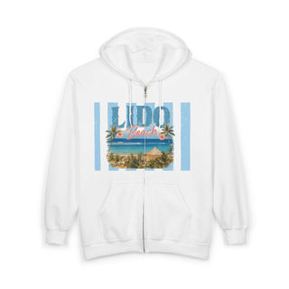 Vintage Beach Hoodie – Retro Lido Beach Zipup with Coastal Palm Tree Design