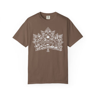 Nature Lover Gift Wilderness Graphic Tee Maple Leaf Design Cabin Forest Mountain Canoe Illustration Cotton Shirt Vintage Style Outdoor Enthusiast Apparel Camping Trip Essential Relaxed Fit Comfortable Wear Garment Dyed Heavyweight Fabric