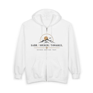 Contemporary Muslim Fashion Islamic Hoodie Full Zip Sweatshirt Sabr Patience Message Mountain Design Graphic Spiritual Faith Apparel Lightweight Cotton Blend Modest Clothing Choice Daily Wear Essential Gift Present Ramadan Eid Inspirational