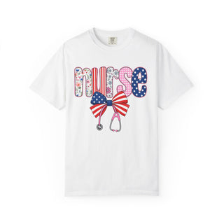 Coquette Nurse Shirt USA Flag Bow Stethoscope Tee Girly Nursing Shirt Nurse Appreciation Gift ICU Pediatric Urgent Care Tee