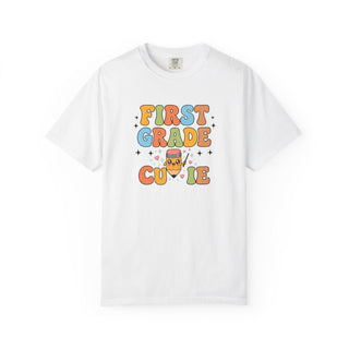 First Grade Teacher Shirt Soft Cotton Back to School Classroom Wear Fun All Year Comfortable Relaxed Fit Pastel Bubble Letters
