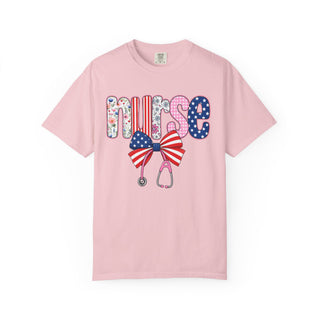 Coquette Nurse Shirt USA Flag Bow Stethoscope Tee Girly Nursing Shirt Nurse Appreciation Gift ICU Pediatric Urgent Care Tee
