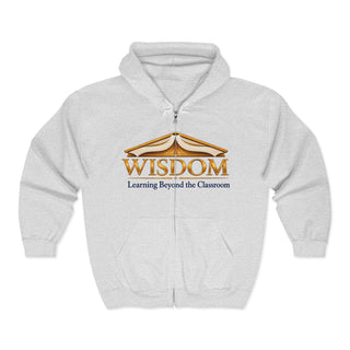 Full Zip Teacher Hoodie Cotton Poly Blend Sweatshirt Embroidered Wisdom Crest Book Motif Design Educator Comfort Wear Roomy Classic Fit Front Pockets Deep Storage Teacher Appreciation Gift School Staff Apparel Professional Casual Style