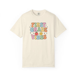 Back To School First Grade Teacher Shirt Cute Classroom Clothing Garment Dyed Cotton Soft Relaxed Fit Pastel Bubble Letters Smiling Star Heart Graphics Teacher Gift