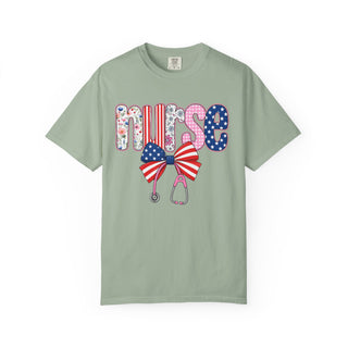 Coquette Nurse Shirt USA Flag Bow Stethoscope Tee Girly Nursing Shirt Nurse Appreciation Gift ICU Pediatric Urgent Care Tee