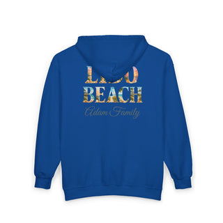 Vintage Beach Hoodie – Retro Lido Beach Zipup with Coastal Palm Tree Design