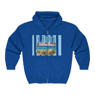 Comfortable Beach Zip Hoodie Vintage Coastal Style Retro Palm Tree Design Medium Weight Knit Fabric Roomy Pockets Full Zip Closure Soft Blue Sandy Color Palette Lido Beach Scene Graphic Perfect Layering Piece Casual Boardwalk Wear Everyday