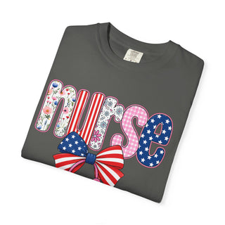 Coquette Nurse Shirt USA Flag Bow Stethoscope Tee Girly Nursing Shirt Nurse Appreciation Gift ICU Pediatric Urgent Care Tee