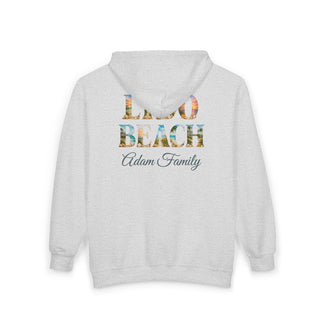 Vintage Beach Hoodie – Retro Lido Beach Zipup with Coastal Palm Tree Design