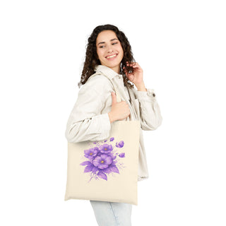 Purple Floral Cotton Canvas Tote Bag, Aesthetic Reusable Shopping Bag