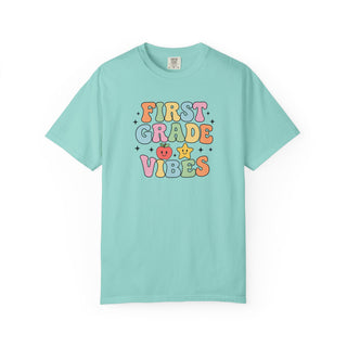 First Grade Vibes Shirt for Teachers Back To School Tee Cute Garment Dyed Cotton Soft Relaxed Fit Pastel Bubble Letters Star and Heart Graphics Classroom Wear

