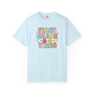 First Grade Teacher Shirt Back To School Tee Cute Teacher Clothing Perfect First Day Outfit Soft Garment Dyed Cotton Relaxed Fit Pastel Bubble Letters Smiling Star Heart Graphics Comfortable Classroom Wear