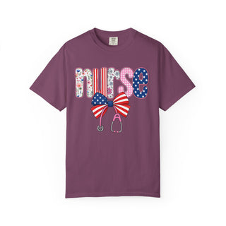 Coquette Nurse Shirt USA Flag Bow Stethoscope Tee Girly Nursing Shirt Nurse Appreciation Gift ICU Pediatric Urgent Care Tee