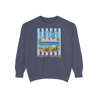 Coastal Crewneck Sweatshirt Vintage Beach Design Palm Tree Graphic Print Garment Dyed Soft Fabric Relaxed Comfortable Fit Beach Vacation Layer Morning Walk Essential Evening Bonfire Wear Retro Striped Beach Scene Medium Weight Construction