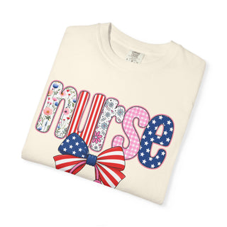 Coquette Nurse Shirt USA Flag Bow Stethoscope Tee Girly Nursing Shirt Nurse Appreciation Gift ICU Pediatric Urgent Care Tee
