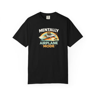 Comfortable Travel Tee Airplane Mode Shirt Soft Cotton Garment Dyed Fabric Relaxed Fit Casual Wear Retro Sunset Graphic Design Vintage Aviation Theme Everyday Style Essential Heavyweight Cotton Texture Weekend Outfit Staple Wanderlust