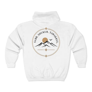 Spiritual Apparel Islamic Message Hoodie Full Zip Design Sabr Shukur Tawakkul Reminder Mountain Sunrise Graphic Muslim Faith Clothing Lightweight Comfort Daily Wear Modest Fashion Contemporary Style Gift For Muslim Ramadan Present Perfect