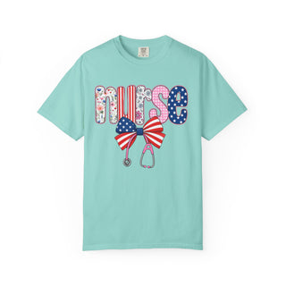 Coquette Nurse Shirt USA Flag Bow Stethoscope Tee Girly Nursing Shirt Nurse Appreciation Gift ICU Pediatric Urgent Care Tee