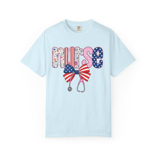 Coquette Nurse Shirt USA Flag Bow Stethoscope Tee Girly Nursing Shirt Nurse Appreciation Gift ICU Pediatric Urgent Care Tee
