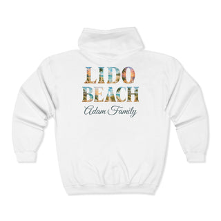 Retro Beach Scene Hoodie Vintage Lido Design Palm Tree Coastal Graphic Soft Blue Sandy Tones Nostalgic Postcard Style Medium Weight Zip Sweatshirt Comfortable Knit Fabric Roomy Pockets Casual Vacation Wear Perfect Surf Culture Gift Beach