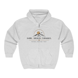 Full Zip Sweatshirt Islamic Design Mountain Graphic Sabr Patience Message Spiritual Hoodie Lightweight Comfort Daily Wear Essential Muslim Faith Apparel Roomy Pockets Soft Fabric Contemporary Modest Fashion Gift For Muslim Friend Ramadan