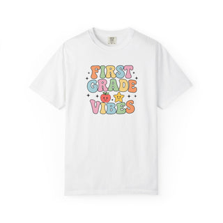 First Grade Vibes Teacher Tee Back To School Shirt Fun Teacher Gift Garment Dyed Cotton Relaxed Fit Pastel Bubble Letters Star Heart Graphics Ideal for Classroom Daily Wear