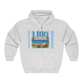 Retro Surf Hoodie Zip Sweatshirt Casual Beach Culture Style Palm Tree Coastal Design Vintage Lido Beach Scene Graphic Perfect Post Surf Wear Comfortable Medium Weight Knit Roomy Functional Pockets Full Zip Closure Relaxed Fit Everyday