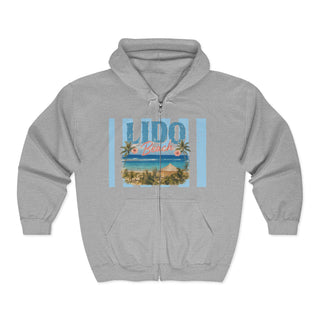 Coastal Palm Tree Hoodie Vintage Beach Design Retro Lido Scene Graphic Soft Blue Sandy Tones Vertical Stripe Details Medium Weight Knit Fabric Full Zip Sweatshirt Comfortable Broken In Feel Roomy Pockets Casual Vacation Style Perfect Beach