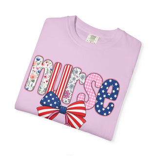 Coquette Nurse Shirt USA Flag Bow Stethoscope Tee Girly Nursing Shirt Nurse Appreciation Gift ICU Pediatric Urgent Care Tee