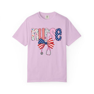 Coquette Nurse Shirt USA Flag Bow Stethoscope Tee Girly Nursing Shirt Nurse Appreciation Gift ICU Pediatric Urgent Care Tee