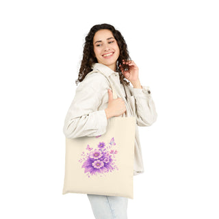 Purple Floral Cotton Canvas Tote Bag, Aesthetic Reusable Gift