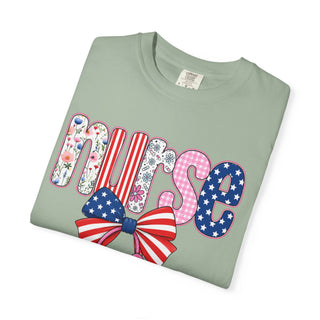 Coquette Nurse Shirt USA Flag Bow Stethoscope Tee Girly Nursing Shirt Nurse Appreciation Gift ICU Pediatric Urgent Care Tee