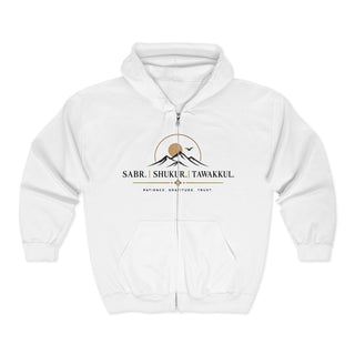 Islamic Hoodie Full Zip Design Sabr Shukur Tawakkul Message Mountain Sunrise Graphic Spiritual Faith Based Sweatshirt Lightweight Cotton Blend Roomy Pockets Muslim Clothing Gift Ramadan Present Perfect Modest Fashion Choice Contemporary