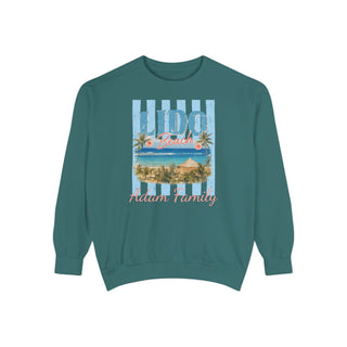 Retro Beach Sweatshirt Vintage Style Crewneck Garment Dyed Soft Fabric Palm Tree Graphic Coastal Print Design Relaxed Fit Casual Wear Beach Vacation Clothing Morning Shore Walk Layer Evening Bonfire Essential Striped Beach Scene Vintage